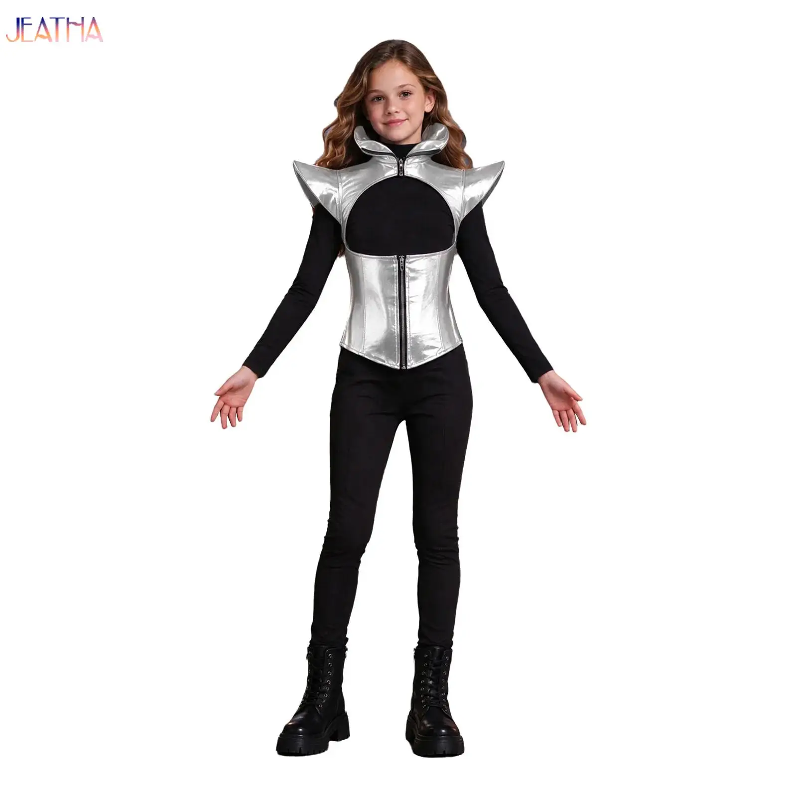 Girls Metallic Armor Shrug Cap Sleeves Stand Collar Cutout Asymmetrical Hem Blazer Tops for Theme Party Halloween Performance