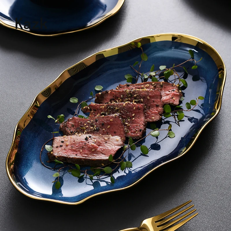 Nordic Blue Glaze Ceramic Dinner Plates and Bowls Creative Irregular Phnom Penh Steak Plate Dessert Snack Dishes Home Tableware