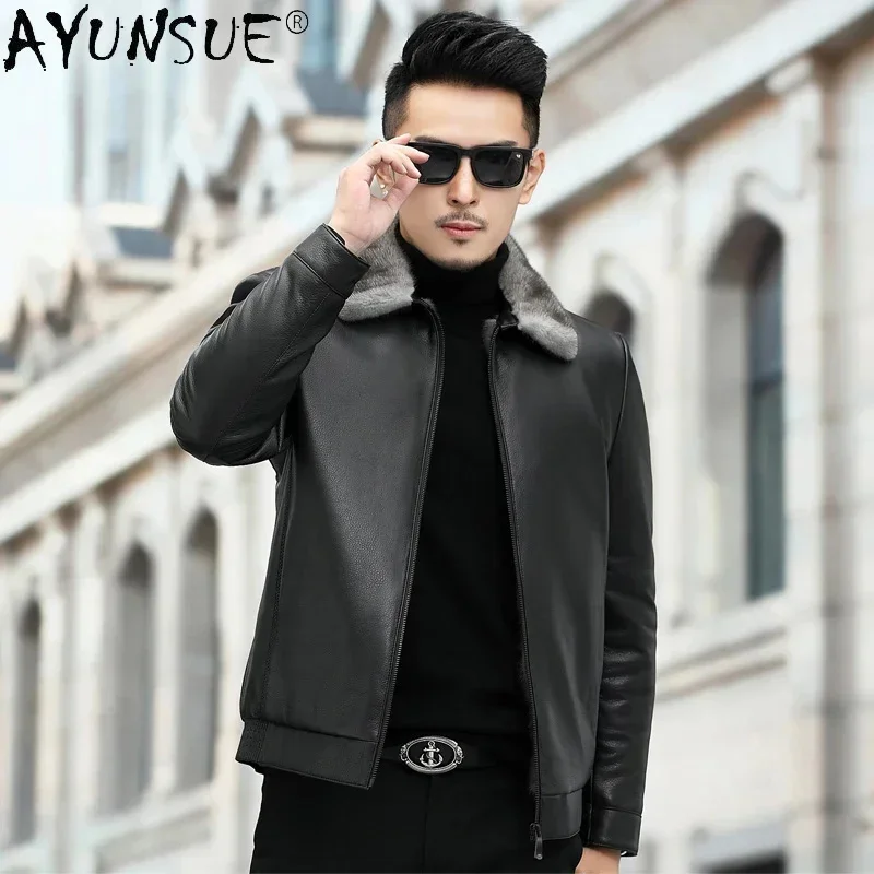 AYUNSUE Genuine Cow Leather Jacket Men Clothing Luxury Winter Warm Mink Fur Liner Coat Men's Jackets Chaquetas