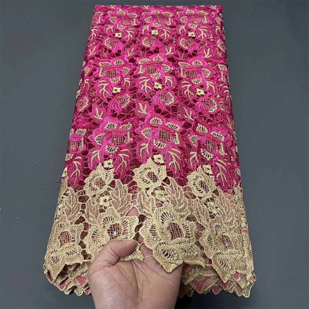 2026 Africa Nigerian High-Quality Sequins Cotton Embroidery Lace Fabric Tulle for Wedding Party Dress Chiffon 5Yards hz1417