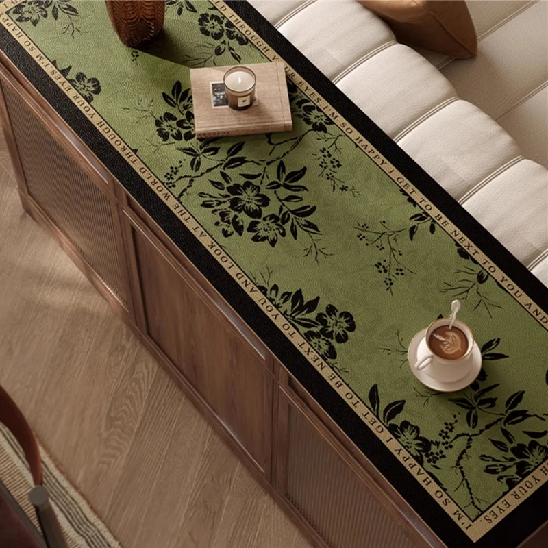 Green Leather Tablecloth Branch Shadow Sideboard Mat Hallway Shoe Cabinet Dustproof Long Table Mat Custom Home Decoration