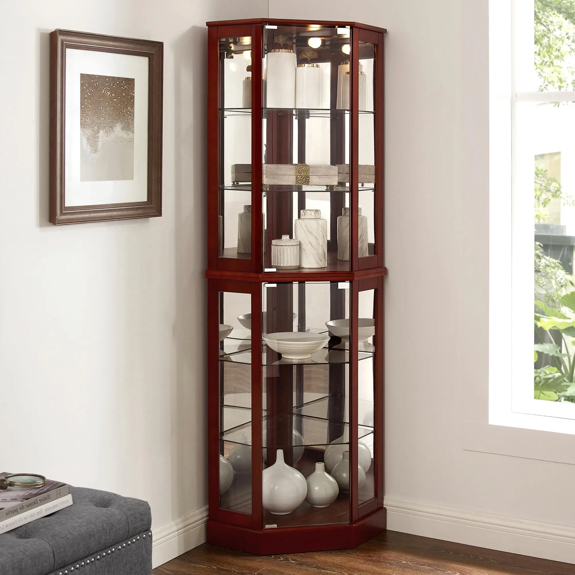 6-Shelf Corner Curio Display Cabinet with Adjustable Shelves & Lights - Cherry Finish, Mirror Accents (E26 Bulb Not Included)