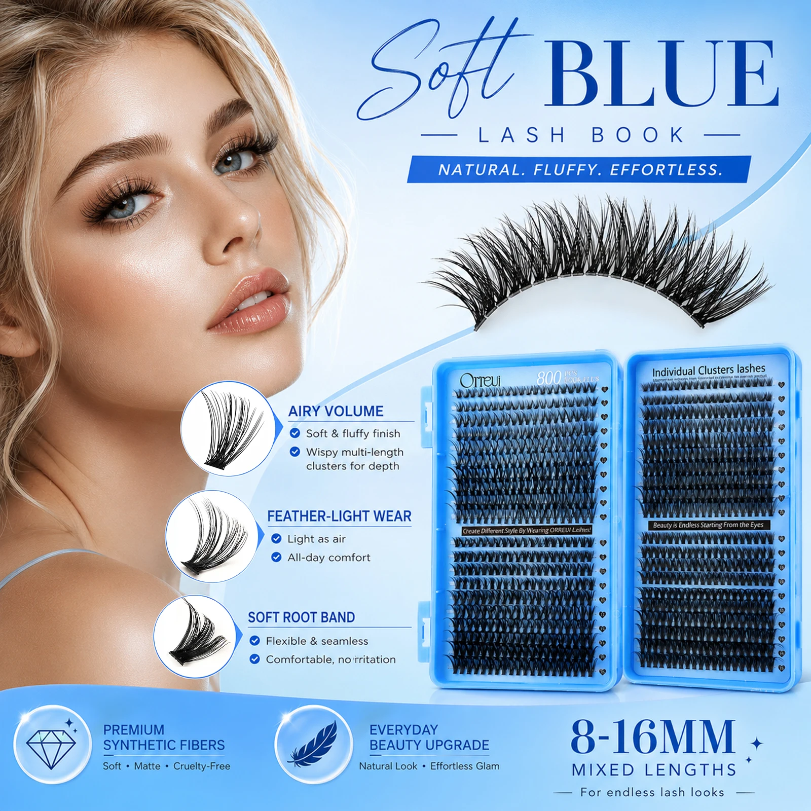 800 Stück Cluster-Wimpern-Set 30D 40D 50D 60D 8-16mm Gemischte Längen DIY Einzelwimpernverlängerungen Weiche Volumen-Wimpern – Detail 1