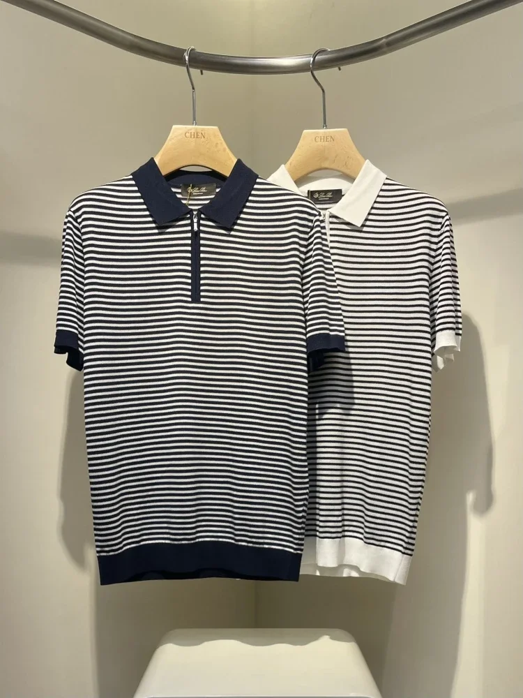 

LP Italy 25ss striped knitted sweater casual lapel zipper short-sleeved polo shirt