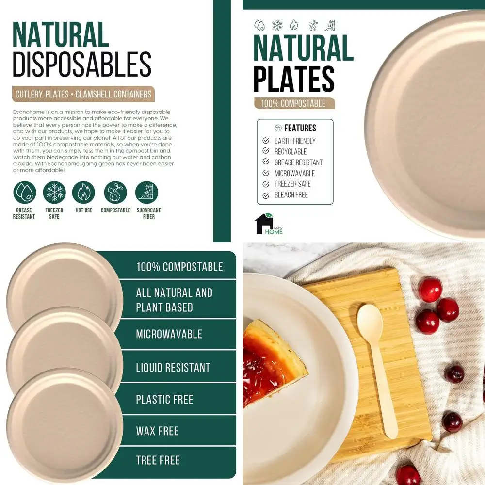 

10 Inch Sugarcane Fiber Paper Plates - Compostable, Heavy Duty, Safe for Microwave and Fridge, Pack of 500