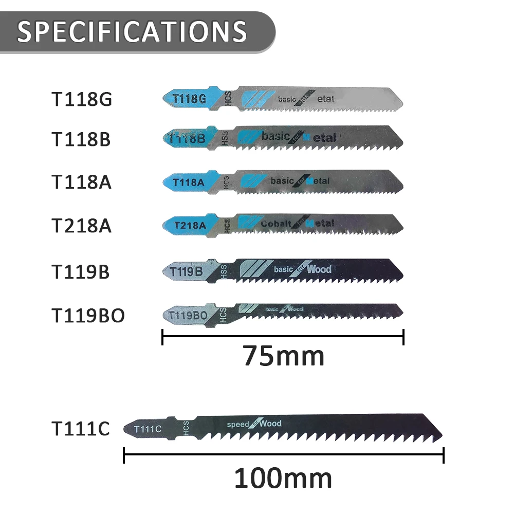 목재 플라스틱 금속용 T 샤프트 직소 블레이드 세트, HCS 모듬 직소 블레이드, T111C, T118A, T118B, T118G, T119B, T119BO, T218A, 35 개