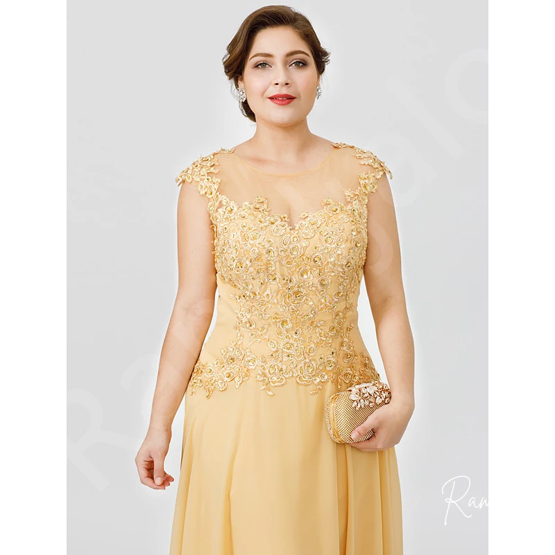 Vestidos longos de renda tamanho grande para a mãe da noiva, noivo, chiffon dourado, boné de apliques, mangas curtas, 2023