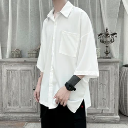 Summer Short Sleeved Shirt Men Fashion Society Mens Dress Shirt Korean Loose Casual Shirt Mens Oversized Ice Silk Shirts M-3XL
