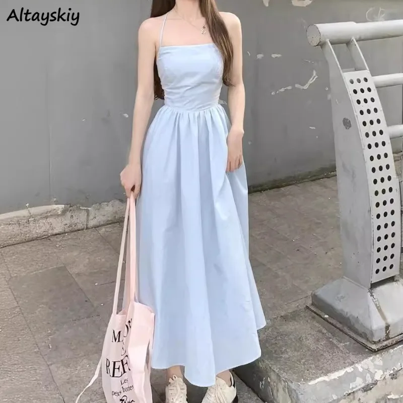 Backless Dresses for Women Sexy High Street Design Ins Fit Summer Sleeveless Halter Niche Korean Style Blue Elegant Fashion Thin