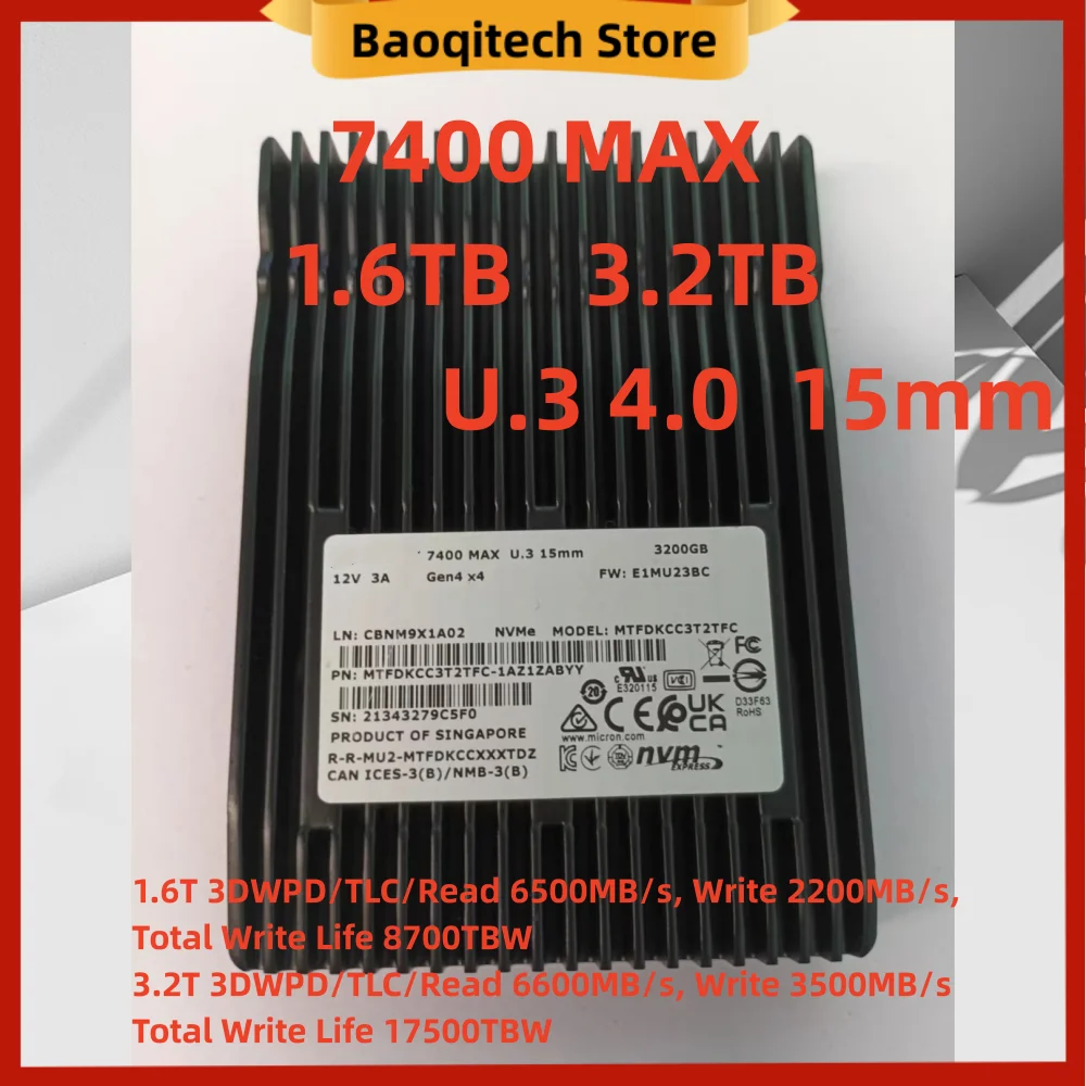 Original 7400 MAX  1600G 3200G NVMe Gen4.0X4 U.3 15mm Enterprise Server 3.2T 1.6T PCIE U.2 Solid State Drive For Micron ssd