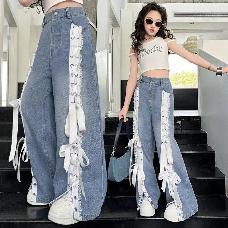 Girls Fashion Straight Fit Jeans with Ribbon Bow Lace on The Sides for Teen Kids Street Denim Pants Stylish Children Trousers