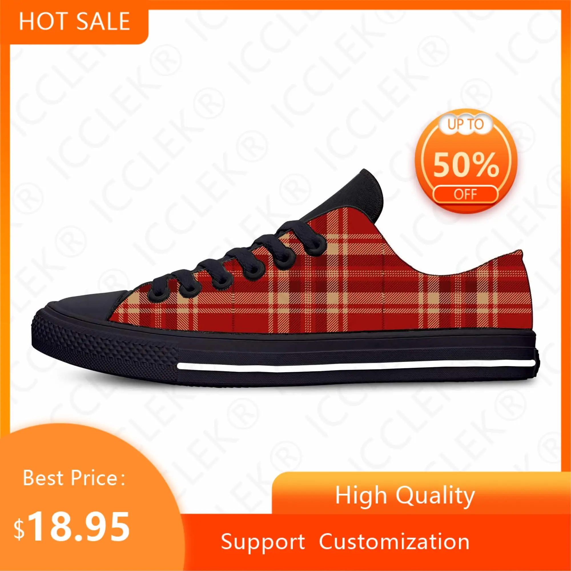 Sepatu Kain Kasual Lucu Kerajaan Kotak-kotak Tartan Klan Stewart Skotlandia Merah Sneakers Pria Wanita Gambar Cetak 3D Nyaman Atasan Rendah