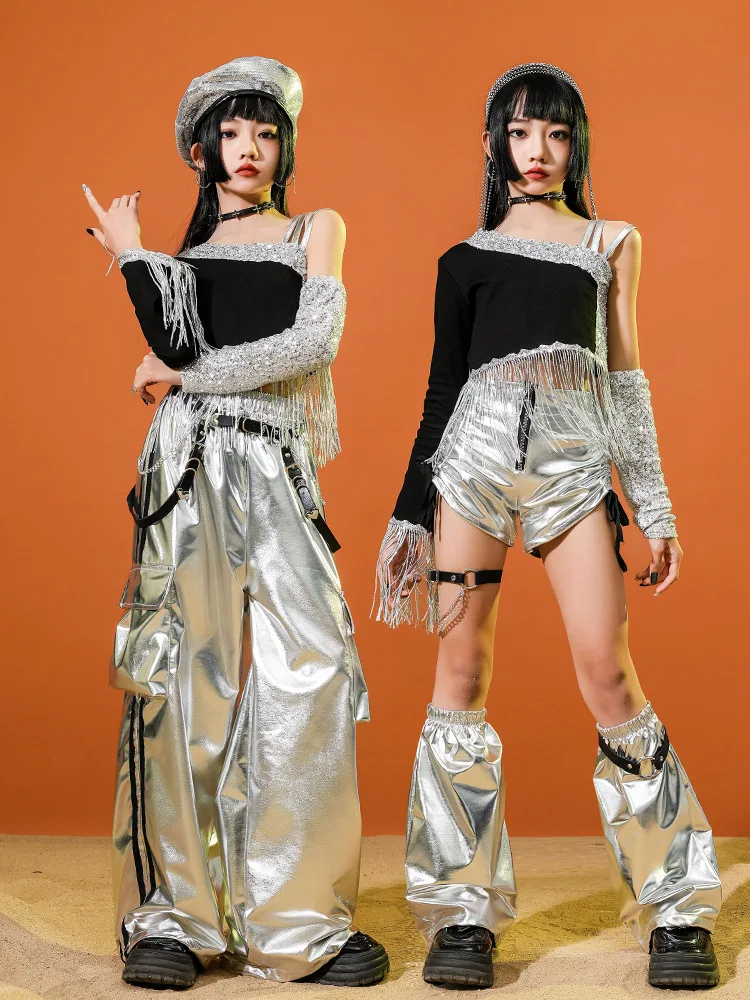 Roupas de dança de rua para meninas, colete curto preto com borla prateada, curto/calça prateada, fantasia de líder de torcida, kpop, hip hop, roupas de palco