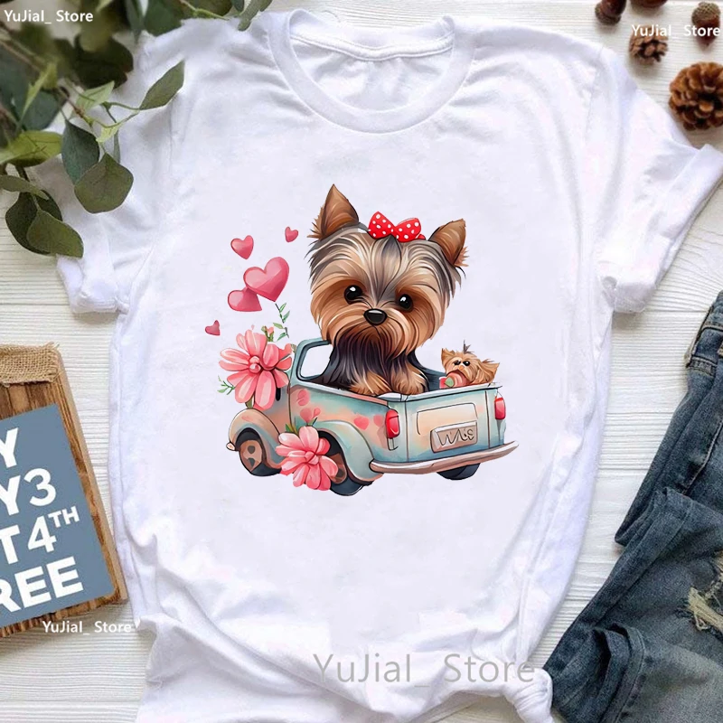 Camiseta feminina de amor de cachorro girassol, roupa kawaii feminina, top fashion verão, cachorro dourado, pug, yorkie, atacado