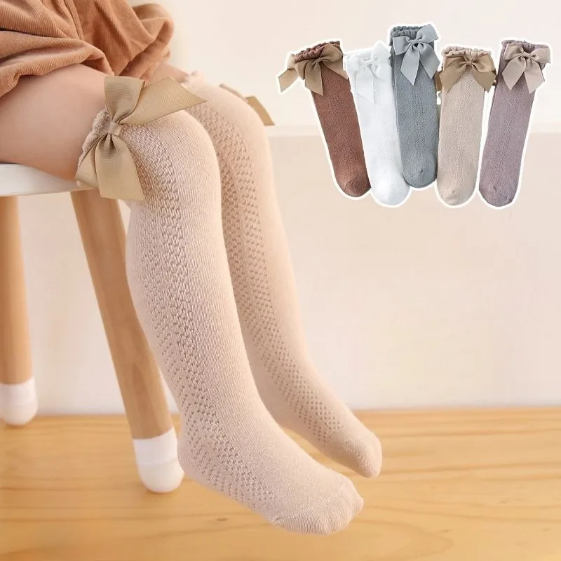 Calze lunghe al ginocchio in cotone per bambina, traspiranti con fiocco a farfalla, calze sopra il ginocchio per neonate