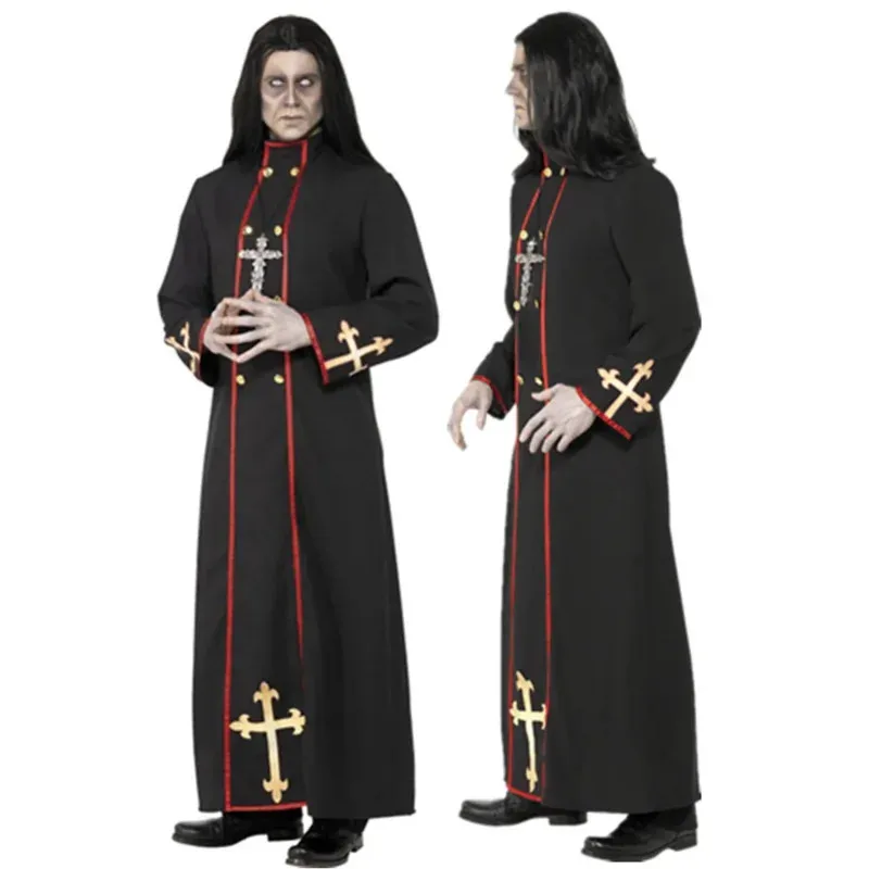 

Halloween Cosplay Medieval Catholic Priest Costume Carnival Men's Dreadful Pastor Monk Wizard Fancy Scary Horror Party Claok