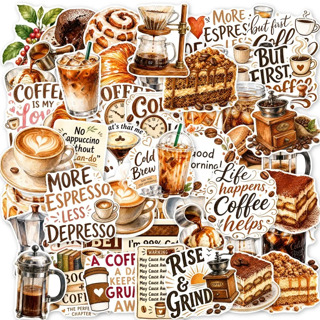 50Pcs Coffee Quote Vibe Sticker Pack Baking Dessert Coffee Bean Pattern Decals for Gift Sealing Package DIY Giajar Sticker Store