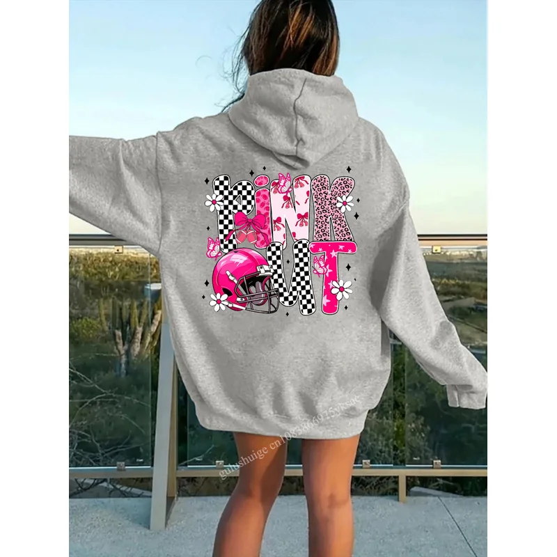 Y2k Streetwear Hoodie Halloween Gifts Pink Football Helmet Checkered Print Fall Clothes Autumn Winter Daily Wear Gift For Her