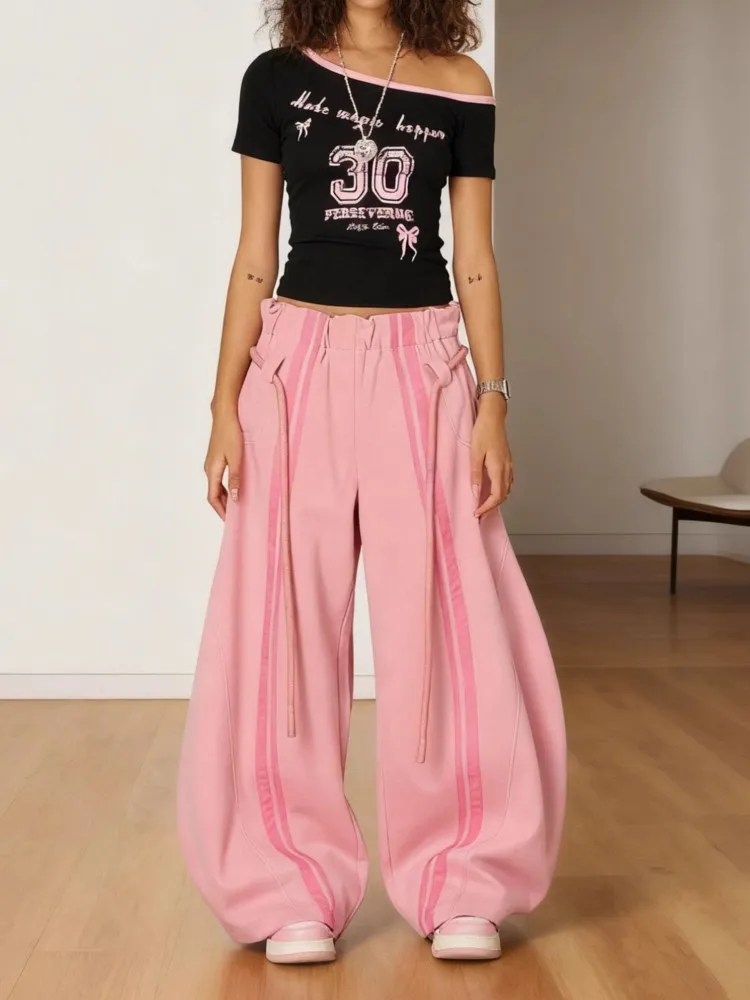 Damskie spodnie w stylu streetwear, sznurowane, o średnim stanie, luźne, codzienne, modne na wiosnę i jesień, z charakterystycznym pasem, szerokie nogawki, spodnie do ziemi.