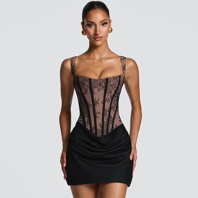 Typhaland Abito Mini da Donna in Pizzo con Spalline e Stampa a Lisca di Pesce, Senza Maniche, Sexy, con Scollo Profondo e Arricciature, Vestito Slim a Vita Alta, Nuovo Abito da Festa Estivo 2026