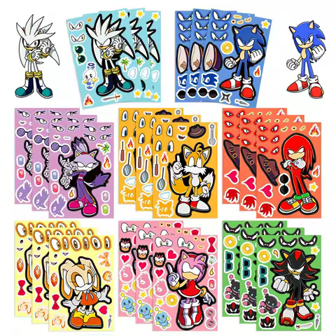 8PCS Set Sonic The Hedgehog Anime Puzzle Stickers Cartoon Kawaii Make A Face Book Stickers Cute DIY Laptop Toys for Kids Gifts