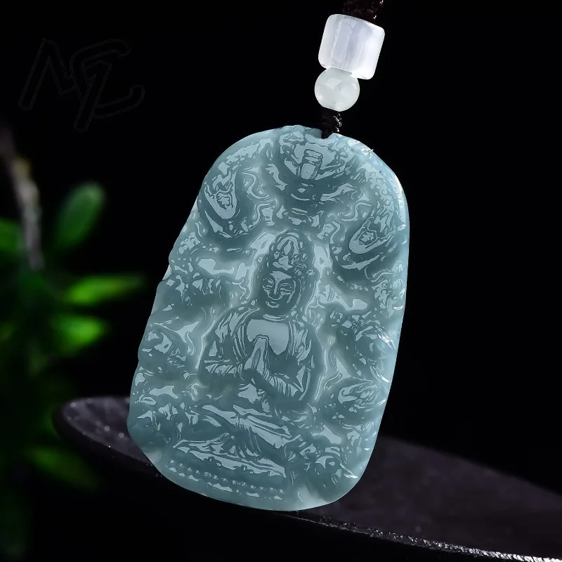 Real Natural Emerald Jade Blue Water Nine Dragons Guanyin Pendant Necklace Carved Charm Jadeite Jewelry Gifts Certificate view 2