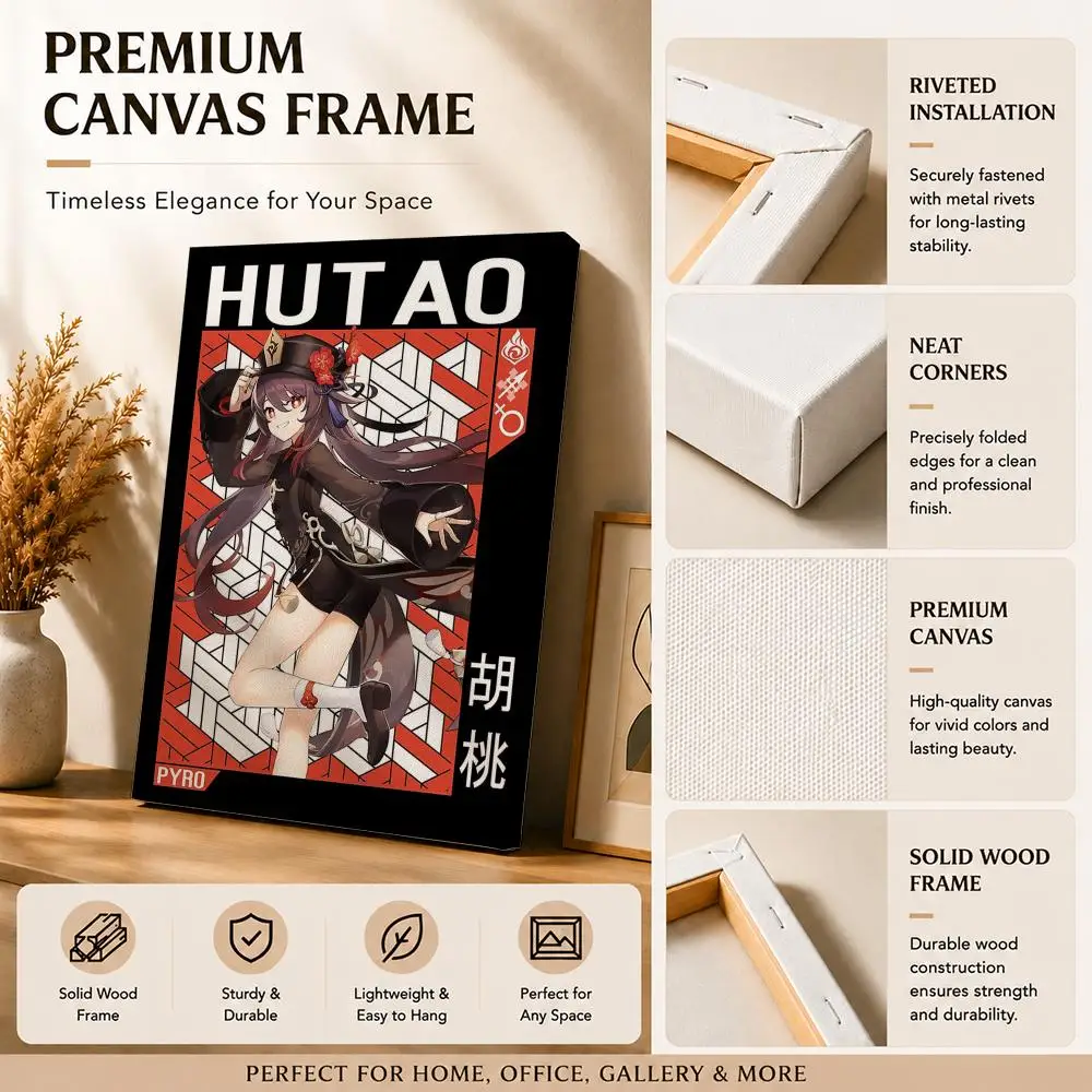 Playful Game Genshin Impact Hu Tao Framed Wall Painting Canvas Art Poster with Solid Wood Frame for Living Room Home Decor