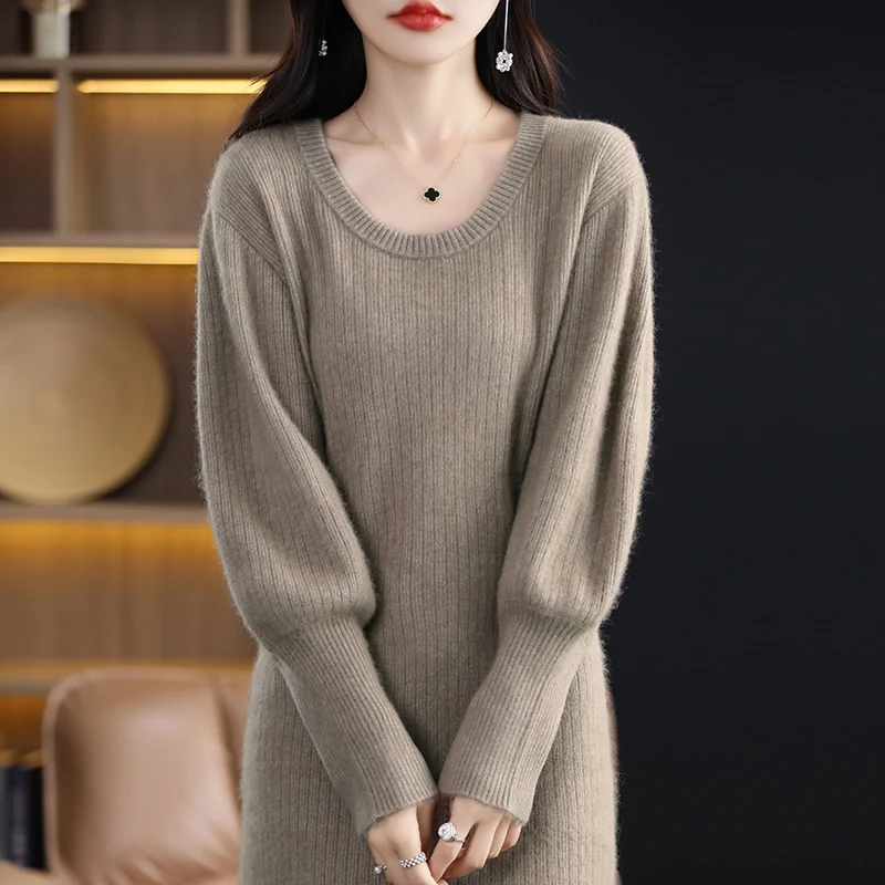 

Mink Cashmere Long Sweater Women's Clothing O-Neck Pullover Loose Knitted Top Autumn/Winter Warm Dress Fashion Korean Edition