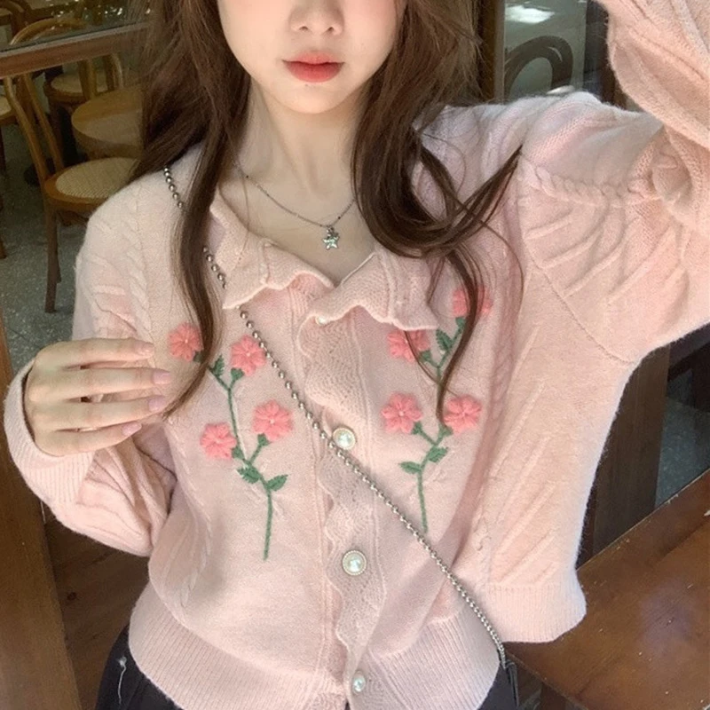 Pink Sweet Knitted Cardigan Women Chic 3D Flowers Cable Knit Sweater Autumn Elegant Pearl Buttons Soft Knitwear Outwear Tops New