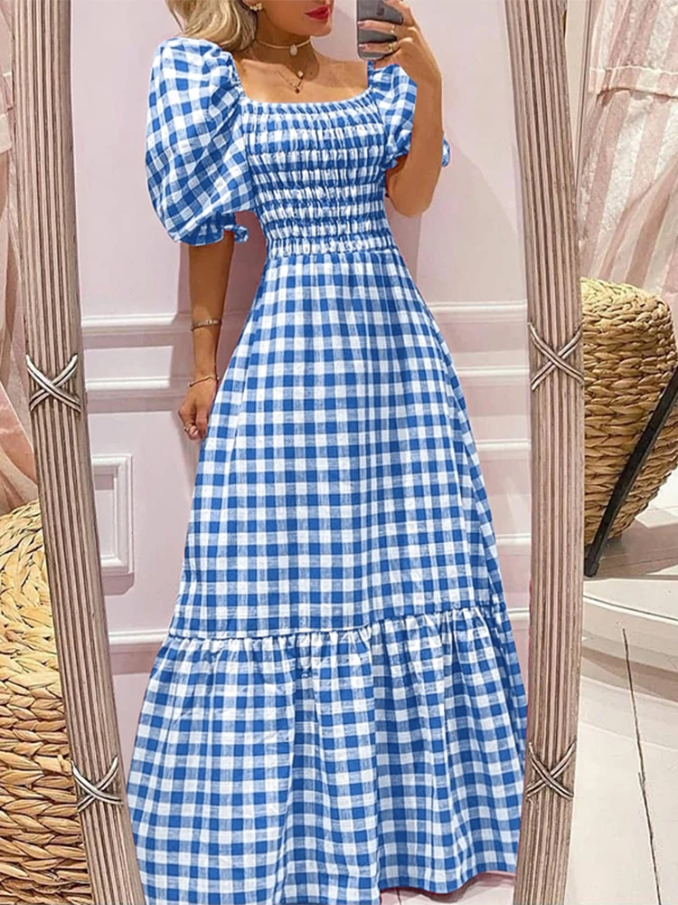 VONDA 2024 Summer Women Maxi Dress Casual Short Sleeve Square Collar Vintage Plaid Party Bohemian Vestidos Loose Long Sundress