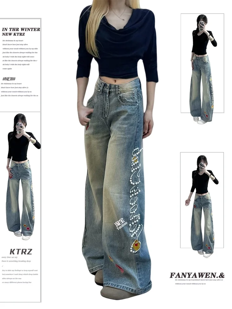 

Retro Blue Embroidered Denim Jeans Women's Spring Faion Trend Floral Wide Leg Floor-Length Pants High Waist American Sle