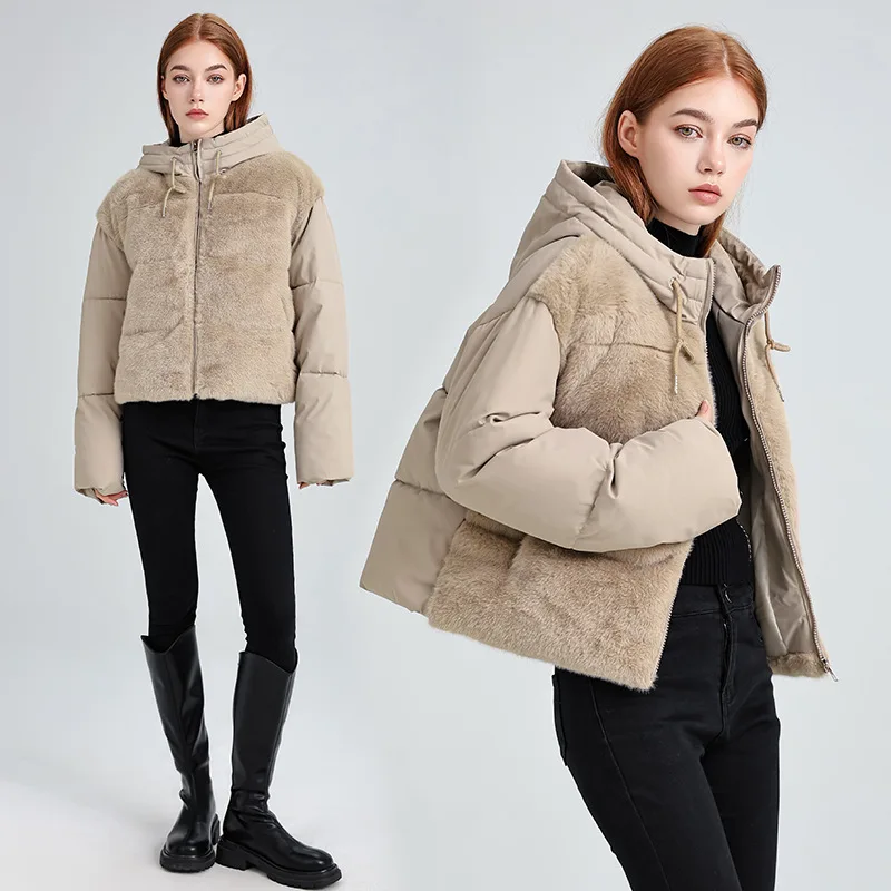 PinkyIsBlack Lamb Wool Stitching Down Cotton Jacket Parkas Women's 2025 Winter New Thickened Short Hooded Warm Jacket Coat