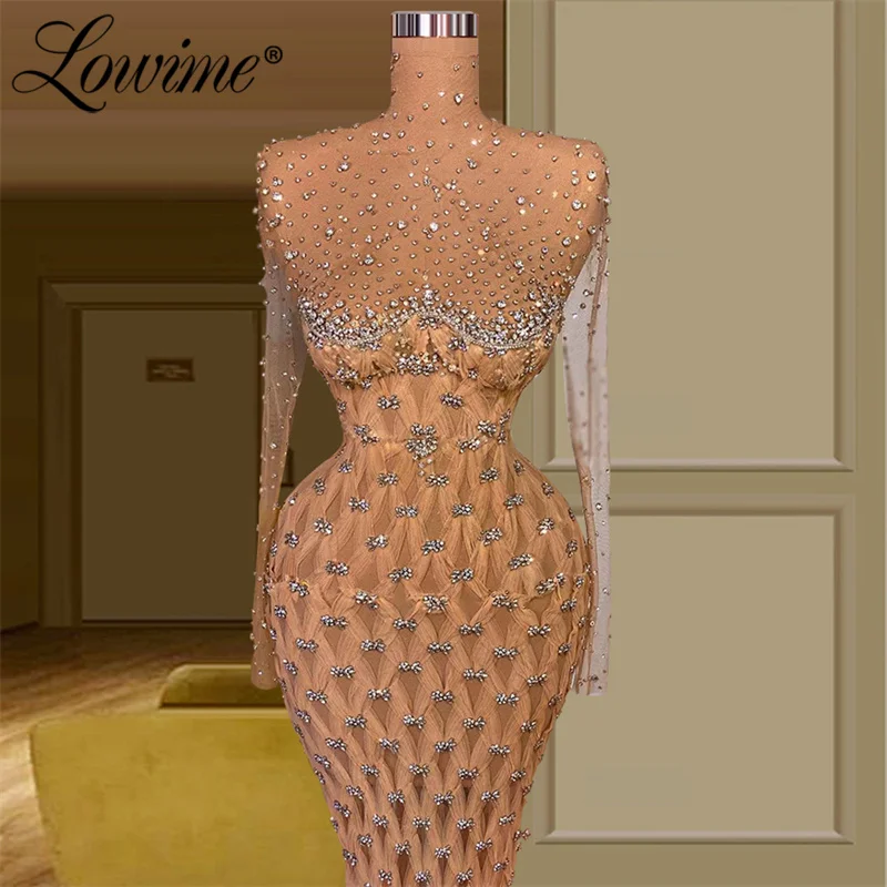 Lowime Dubai Design Champagne Long Sleeves Evening Dresses 2022 Plus Size Beaded Celebrity Dress Wedding Party Gown Prom Dresses