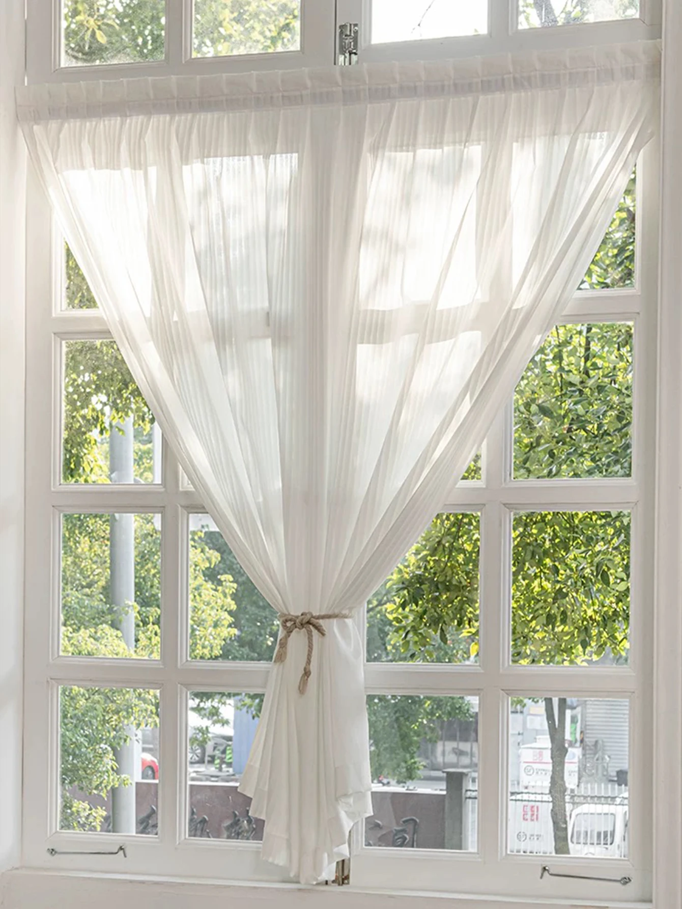 1pc White non perforated gauze curtain for easy installation, modern and simple, UV resistant, suitable for bedroom, living room