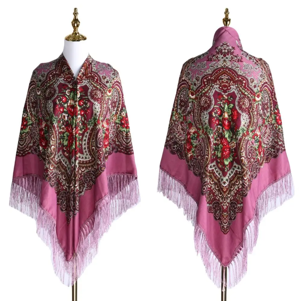 Russian Style 160x160cm Square Scarf Cotton Floral Print Shawl Wrap Tassel Extra Large Bandana Scarf Travel Use