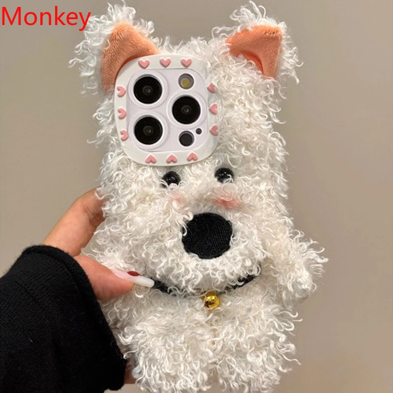 3D Cute West Highland Dog Fluffy Plush Phone Case For iPhone 16 Plus 15 Pro Max 14 13 12 11 Warm Winter Soft Silicone Back Cover