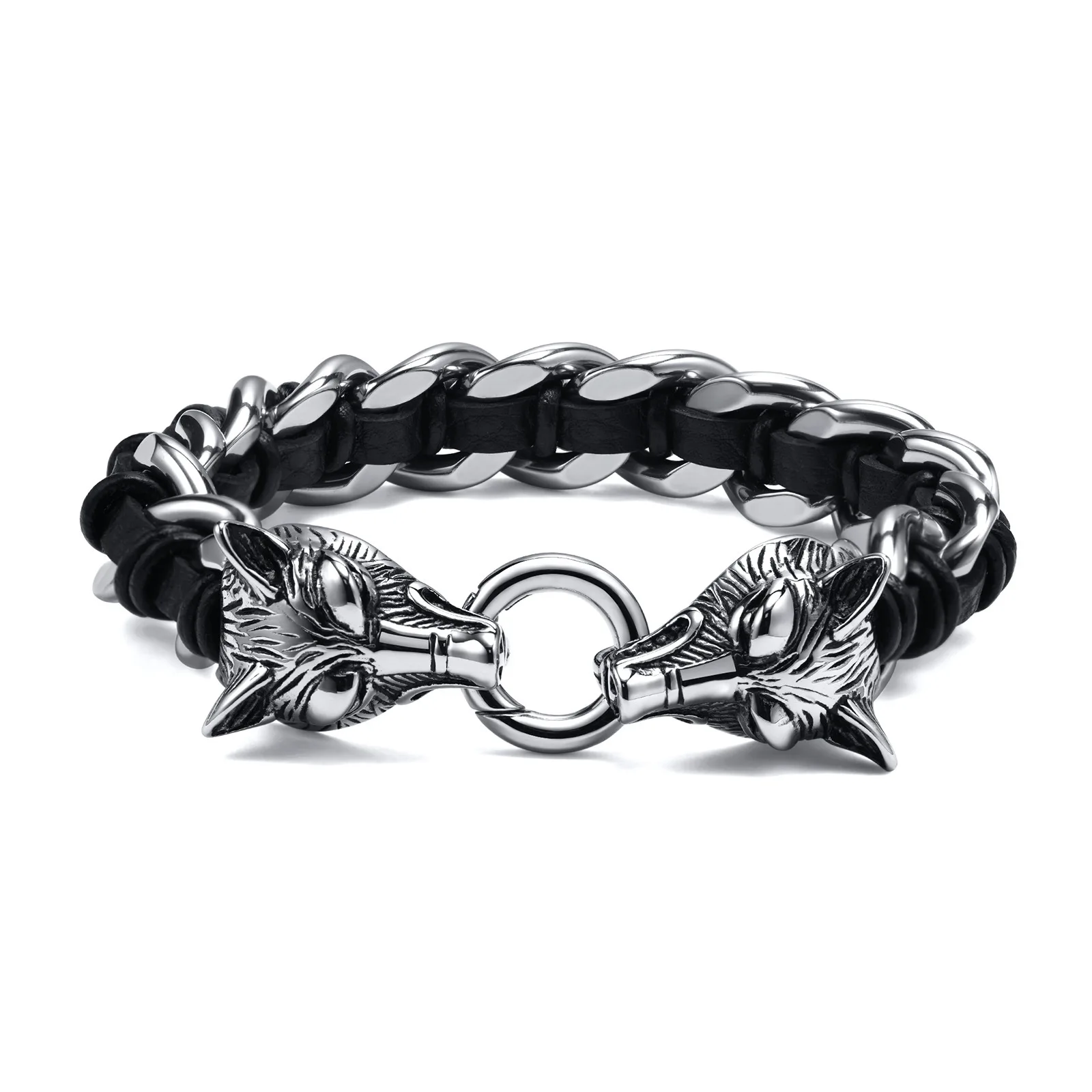 Fashion Gifts Stainless Steel Double Wolf Head Chain Bracelet  Leather Interwovened Bracelets For Mens Gifts 16mm 9 Inch