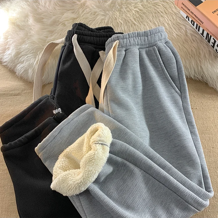Thickened Fleece Sports Pants High Waist Straight Leg Casual Trousers Roll up Hem Student Style Winter New Arrival