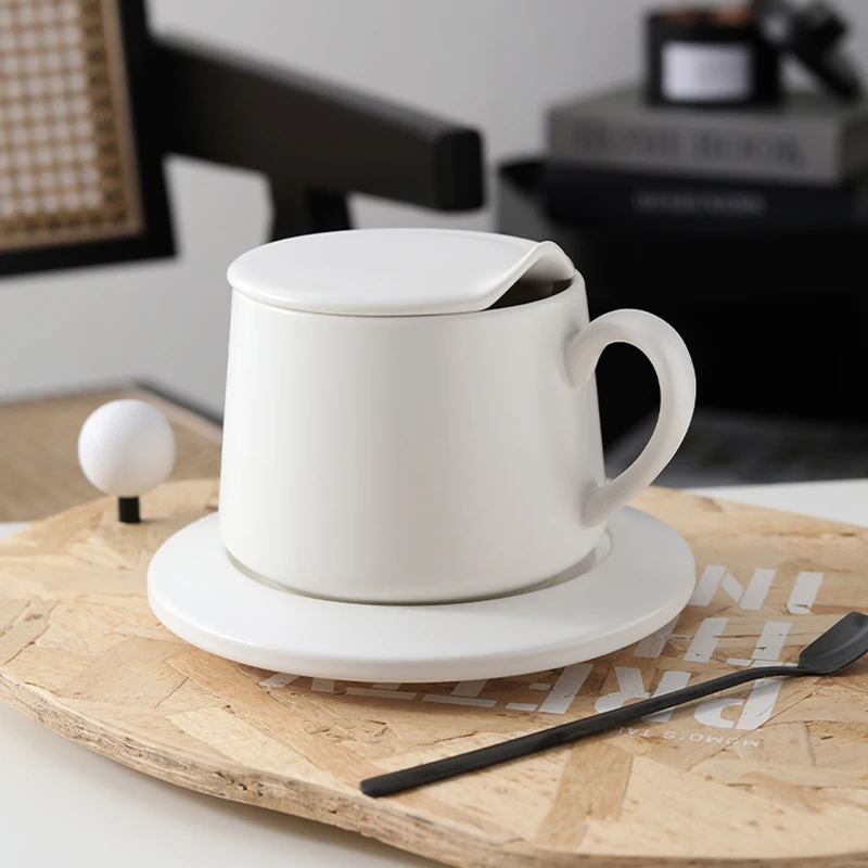 430ml Matte Ceramic Coffee Cup and Dish Set Simple European Premium Light Luxury Home Office Afternoon Tea Sets Mug With Lid