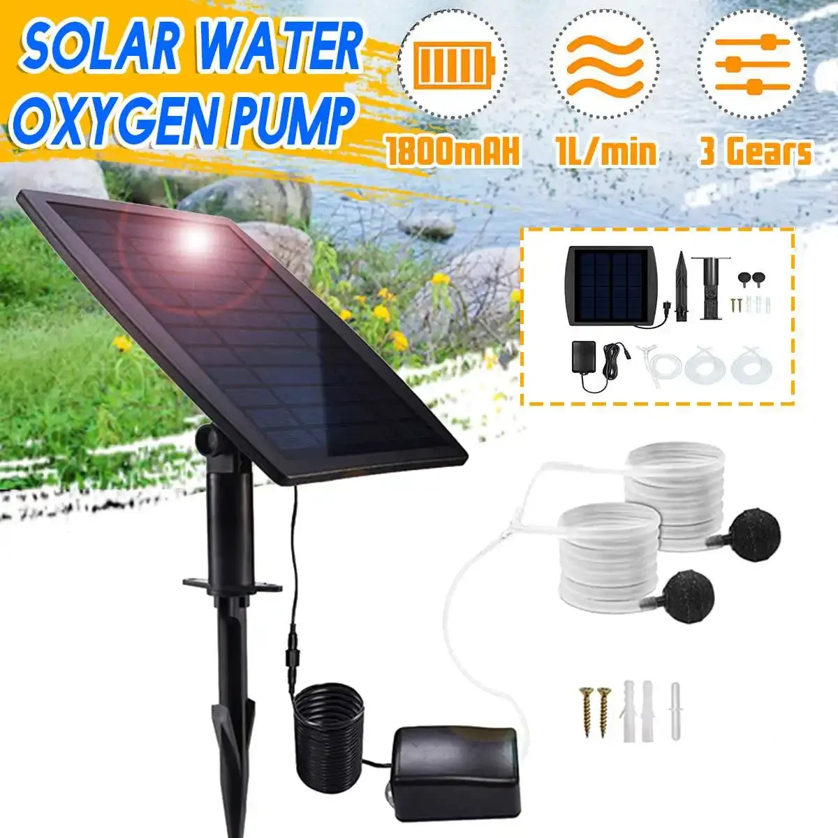 Solar Powered Oxygenator Oxygen Aerator Fish Tank Pond Pool Aquarium Air Pump Garden Fountain Water Pump