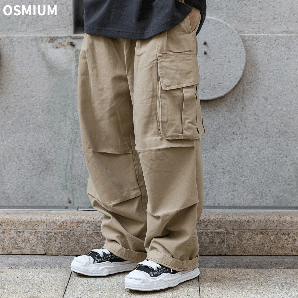 

Men Khaki Solid Color Multi-pocket Overalls Mens Streetwear Loose Wide-leg Cargo Pants Casual Straight Plus Size Trousers Boys