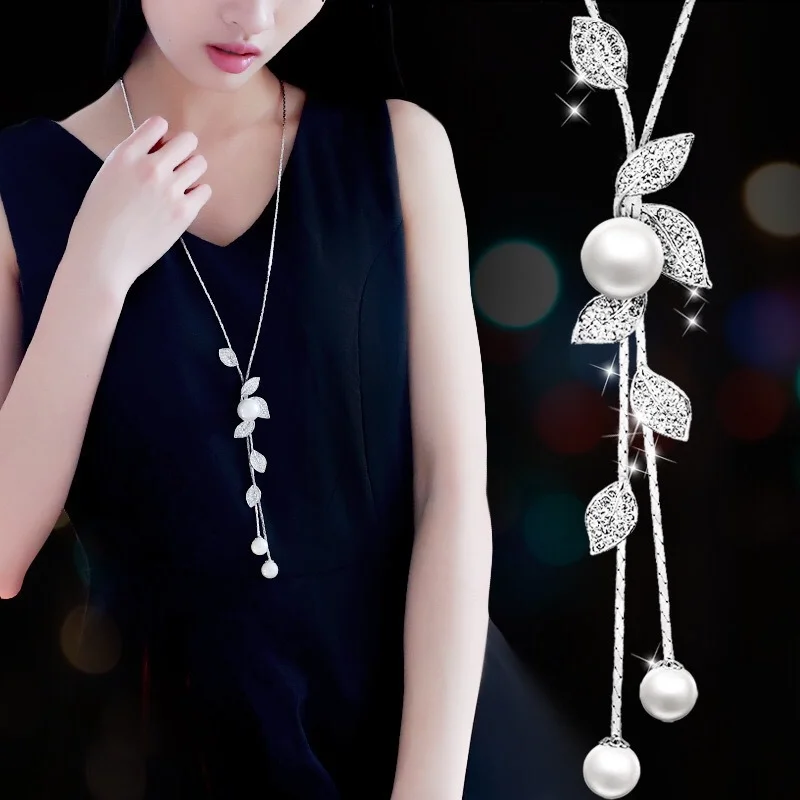 Luxury Fashion Leaf Shaped Rhinestones Pearl Pendant Dangle Long Necklace Adjustable Elegant Tassel Sweater Chain Girl Jewelry