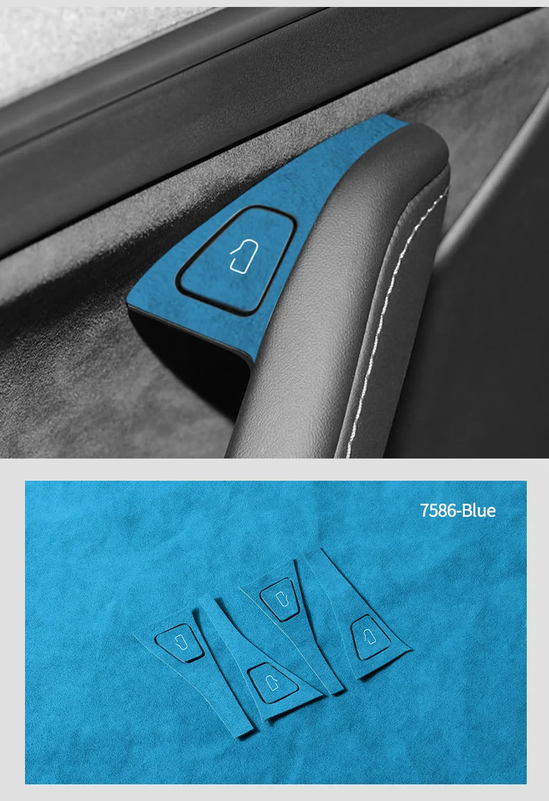Hochwertige Wildleder-Verkleidung für Tesla Model 3/Model Y (2019-2022), Zierleiste für den Türöffnerknopf, Aufkleber, Tuning-Zubehör für den Fahrzeuginnenraum. – Detail 9