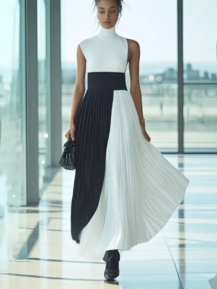 Missuoo 2025 Elegantes Abendkleid für Damen, Stehkragen, ärmellos, plissiert, Maxikleid, Kontrastfarbe, hohe Taille, Brautkleider