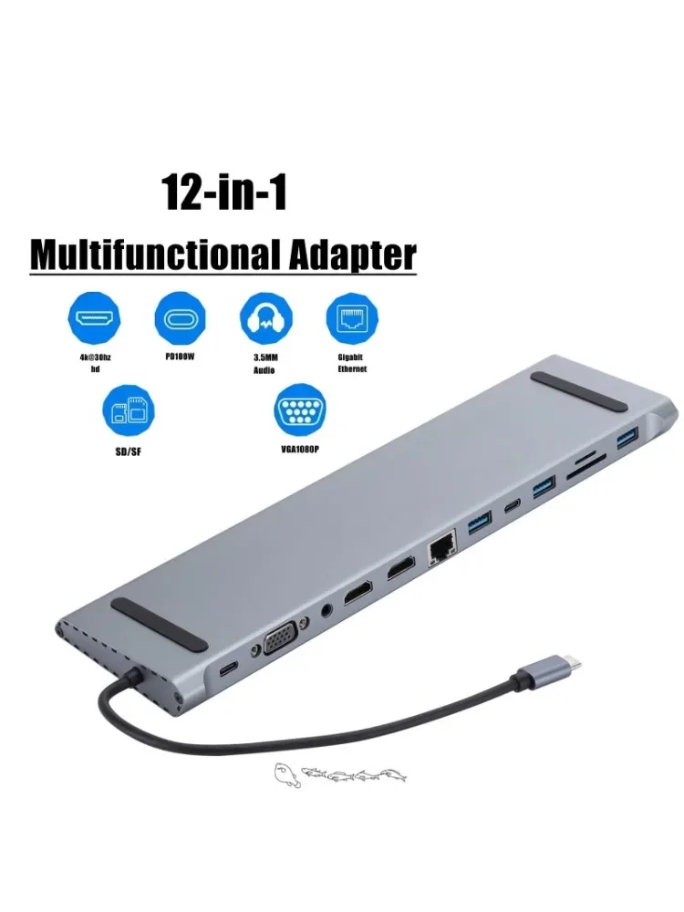 Stacja dokująca USB-C 12 w 1 z podwójnym wyświetlaczem HD1.4+VGA+USB3.0/2.0+RJ45 100M+SD/TF+PD+TYPE C do Mac Pro/Air DELL ASUS — 2