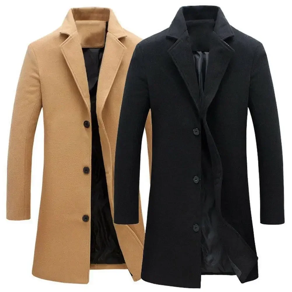 Spring Autumn New Long Cotton Coat New Wool Blend Pure Color Casual Business Fashion Men's Clothing Slim Windbreaker Jacket