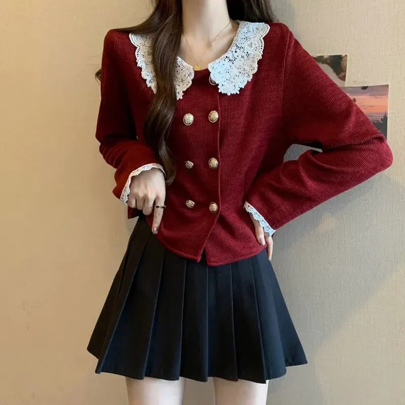 Mode Kanten Pop Kraag Blouse Lente Herfst Effen Kleur Gesplitst Dameskleding Vintage Pendelen Double Breasted Los Shirt