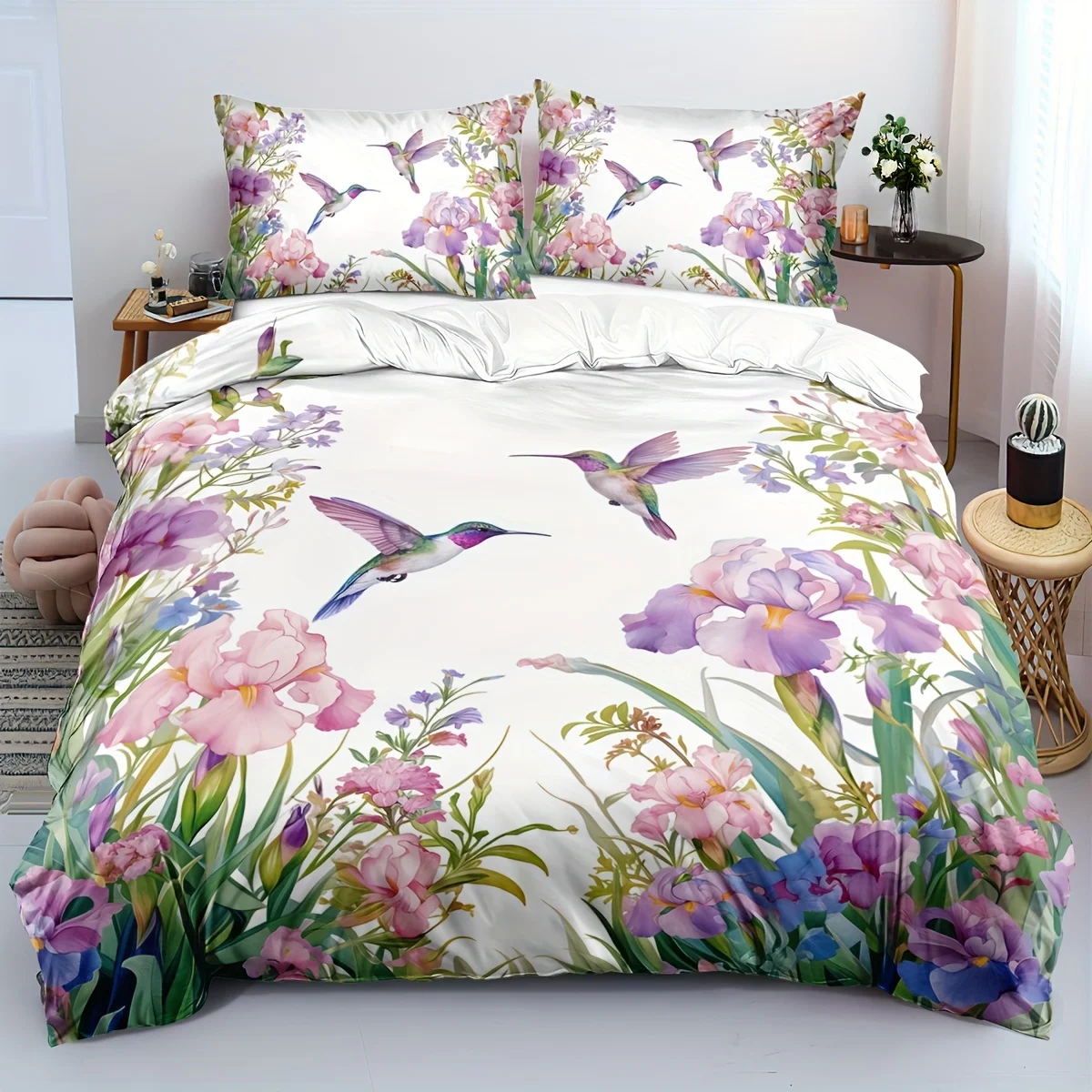 

2/3pcs Hummingbird Bedding Set Animal Duvet Set Kingfisher Quilt Cover Bedroom Decor Guest Room 2D Pink Floral Flat Print