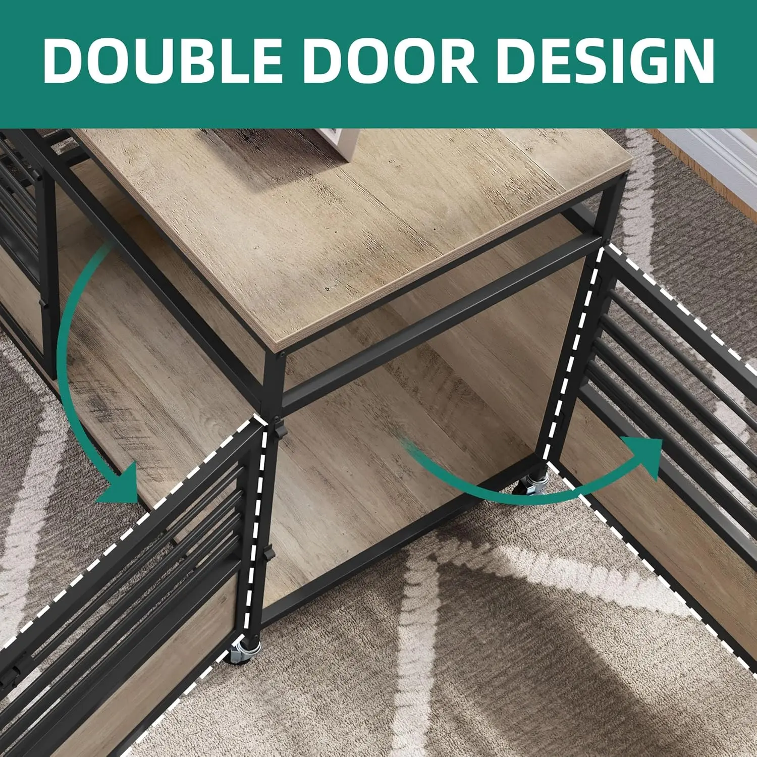 أثاث على شكل قفص للكلاب بعجلات مقاس 39 بوصة، وطاولة قفص للكلاب الخشبية شديدة التحمل مع أبواب مزدوجة لتزيين المزرعة المقاومة للمضغ