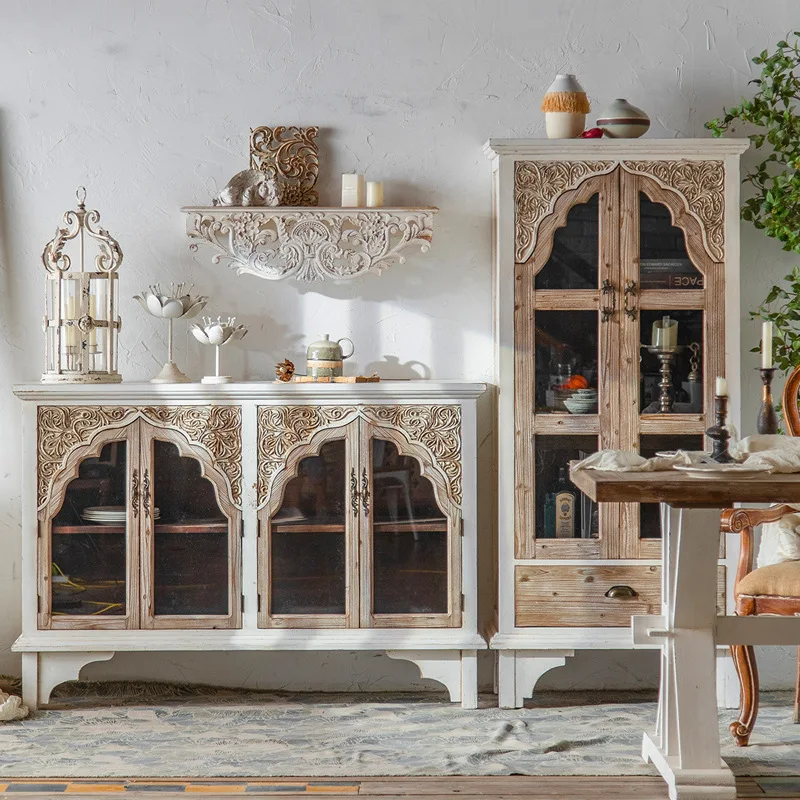 Solid wood glass double door bookcase with door display cabinet retro entrance cabinet living room dining side cabinet French